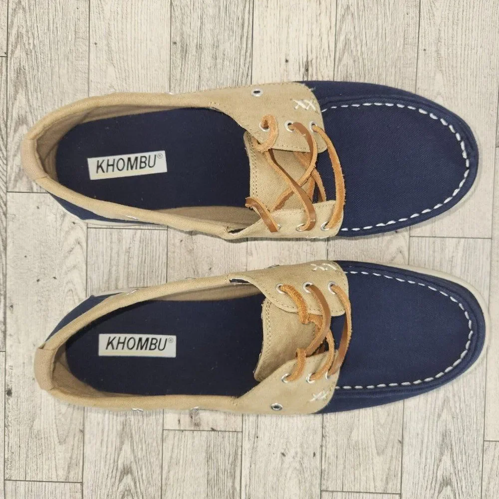 Khombu Womens Boat Shoe Sz 9.5 Tan Navy Sporty Summer Boating Sailing Deck Shoe